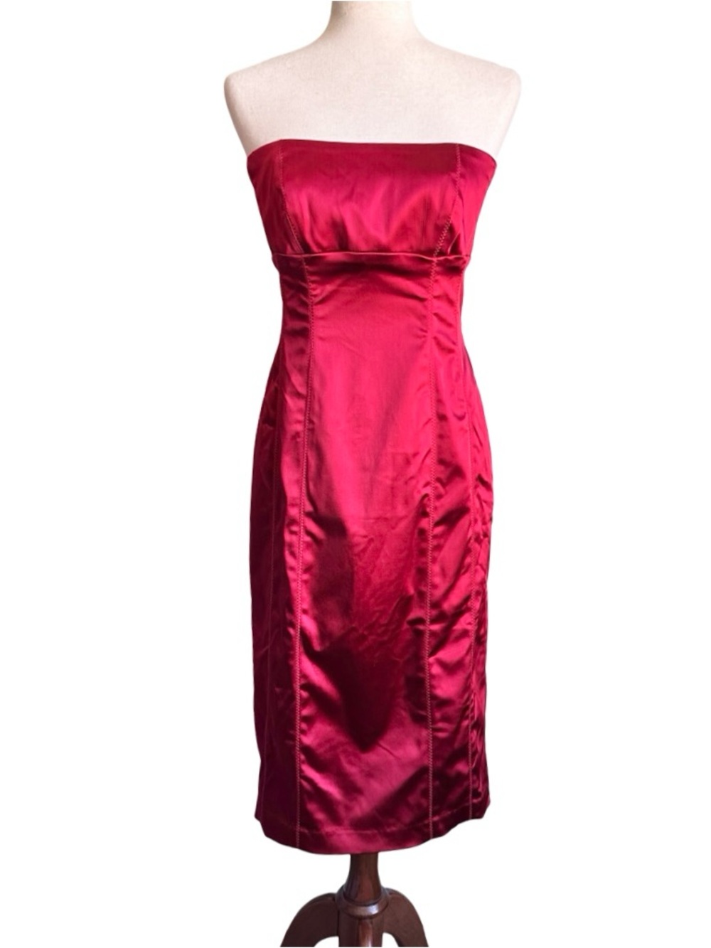 Y2K Vintage bebe Red Strapless Satin Sheath Midi Dress Large Cocktail Party EUC